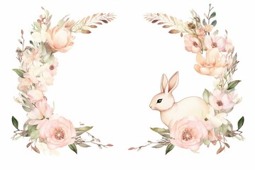 Watercolor Easter gold frame with botanical spring floral wreath, peony, rose, and cute bunny animal clipart. Perfect for baby showers and birthdays. Generative AI