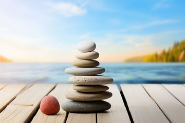 A stack of pebbles resting on wood, evoking spa and relaxation