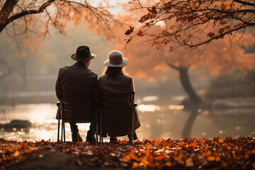 Elderly couple, hand in hand, taking a leisurely walk in a picturesque park with the rich hues of autumn, symbolizing the enduring beauty of love and the passage of time. Ai generated - obrazy, fototapety, plakaty