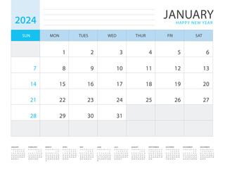 Calendar 2024 year template, January layout design, Planner simple, Desk calendar 2024 design, Week Starts on Sunday, Wall calendar design, printing media, advertisement, office organizer, vector