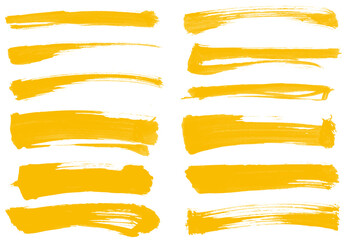Big set of yellowGrunge paint brush stroke, grungy lines, frames, artistic design elements on white background. Royalty high-quality free stock image Ink splash, splatter and dirty watercolor texture 