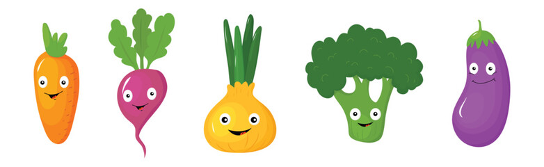 Funny Ripe Vegetables Character with Smiling Face Vector Set