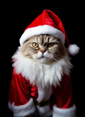 Cat in a Santa hat on a black background.