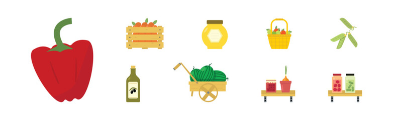 Harvest with Fresh and Ripe Organic Food and Product Vector Set