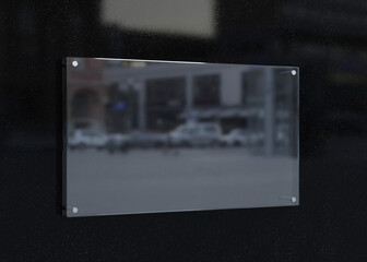 Glass sign plate on dark wall with reflection mockup