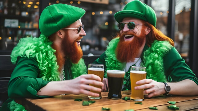 Two handsome ginger Irish men celebrating St. Patrick's day drinking beer