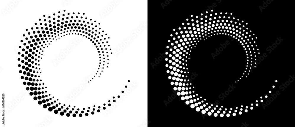Poster Modern abstract background. Halftone dots in circle form. Round logo. Vector dotted frame. Design element or icon. Black shape on a white background and the same white shape on the black side.