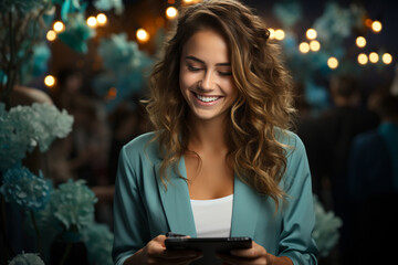 Beauty and sophistication of a modern woman engrossed in her tablet, epitomizing the seamless integration of technology and style. Ai generated