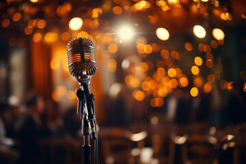 Retro microphone on stage The background is beautiful bokeh lights on the concert stage.