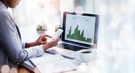 Business hands, data and phone or computer screen for stock market, analytics and graphs of financial increase. Analyst or person typing on mobile for laptop stats, profit or growth in bokeh overlay