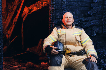 Portrait happy Officer fireman in uniform with helmet near wooden house after burning. Concept rescue service after successful call