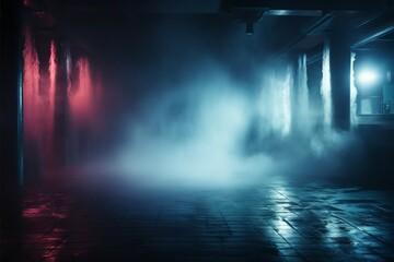 An eerie, vacant nocturnal setting with neon lights and smoke