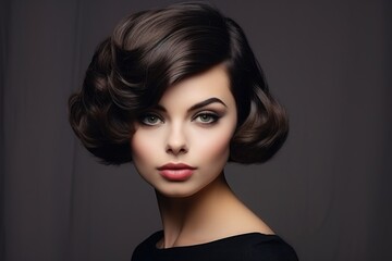 Naklejka premium Portrait of a beautiful woman with short hair. Dark background.
