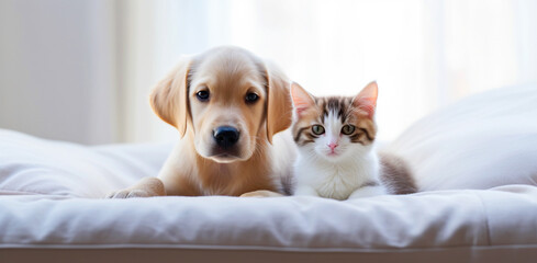 Dog and cat together on the sofa.