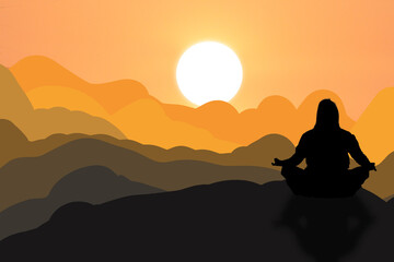 Fototapeta na wymiar Woman meditating in sitting yoga position on the top of a mountains,meditation, relax, recreation, healthy lifestyle.