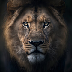 cinematographic scene of a lion's face seen from the front with an imposing look. AI generated 