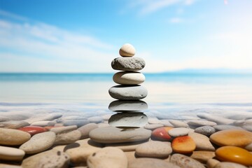 Balancing pebbles on a wooden beach surface, epitomizing Zen serenity