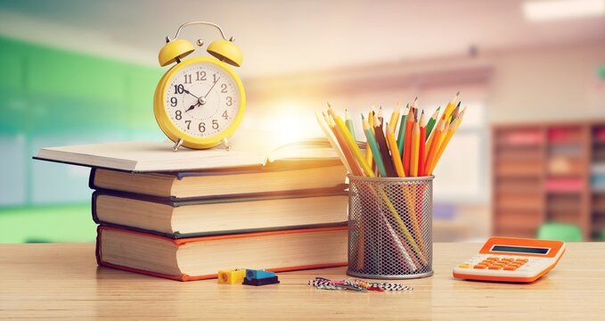 Ready for school background with books, accessory on desk, AI generated image