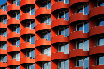 façade rouge d'un bâtiment moderne à l'architecture contemporaine et aux couleurs vives