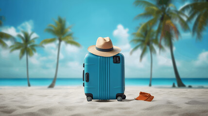 Blue Travel suitcase and hat on topical beach - obrazy, fototapety, plakaty