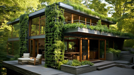 Fototapeta na wymiar modern house with a terrace and green plants