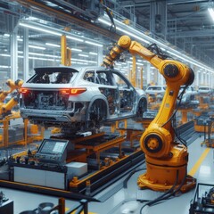 An industrial robot assembles a car
