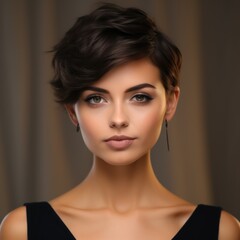 Fototapeta premium Studio portrait of a beautiful woman with a fashionable short haircut.