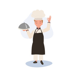 Adorable Child Chef in Chef Hat Doing OK Hand Sign. Flat vector cartoon illustration