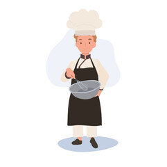 Cute Little Chef with Apron and Mixing Bowl. Flat vector cartoon illustration