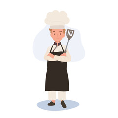 Confident Young Kid Chef with Crossed Arms and holding flipper. Junior Chef in Chef Hat.