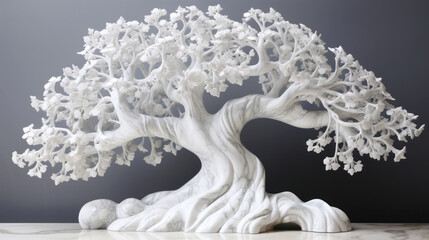 White marble bonsai tree on grey background. 3d illustration. AI generative.