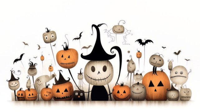 Dibujos de halloween, con calabazas terroríficas sonriendo, murciélagos, monstruos de todo tipo y decoración de miedo.