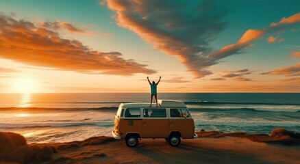 A man stands on the roof of a minivan on the beach - Powered by Adobe