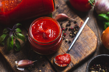 Ketchup in a jar. Tomato sauce on a dark background