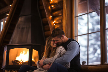 A couple cuddling by the fireplace in a rustic cabin, with snow outside the window, creating a warm and intimate atmosphere. Generative AI - obrazy, fototapety, plakaty