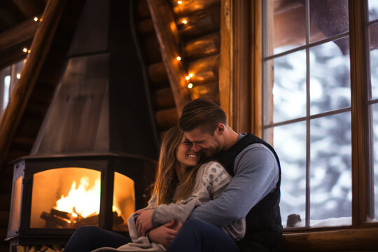 A couple cuddling by the fireplace in a rustic cabin, with snow outside the window, creating a warm and intimate atmosphere. Generative AI