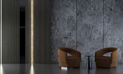 brown leather sofa and concrete stone pattern wall background. Minimalist style home interior...
