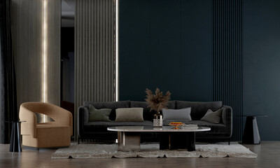 Black sofa with terra cotta and grey pillows against dark blue wall background. Minimalist style...