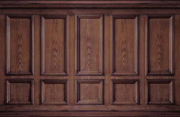 Classic cabinet wall of brown wood panels - obrazy, fototapety, plakaty
