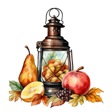 Fall lantern with fall fruit, isolated on transparent background. Cozy clipart