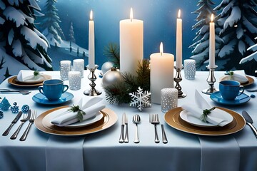 Describe an opulent Christmas table setting, showcasing crystal glassware, silver chargers, and luxurious velvet table runners - Powered by Adobe