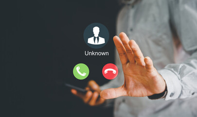 Unknown number calling in the middle of the night. Phone call from stranger. Man answering to incoming call. Phone call from unknown number. Call center gang, scammer or stranger.