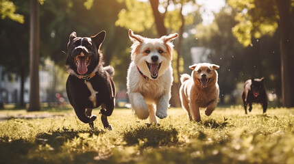 A group of young cheerful dog walkers in the park are having fun while walking dogs on a beautiful...