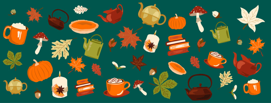 Ensemble vectoriel d'&eacute;l&eacute;ments automne douillet, comprenant des citrouilles, des feuilles, chai latte et champignons. Parfait pour les cr&eacute;ations automnales.