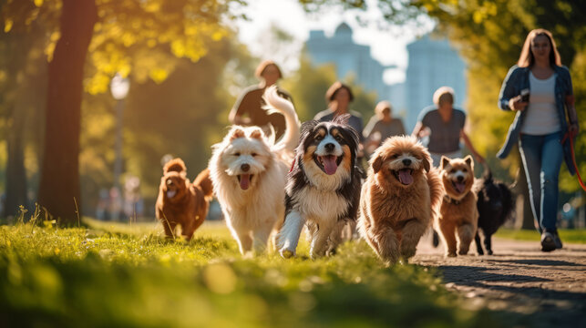 A group of young cheerful dog walkers in the park are having fun while walking dogs on a beautiful day in the park
