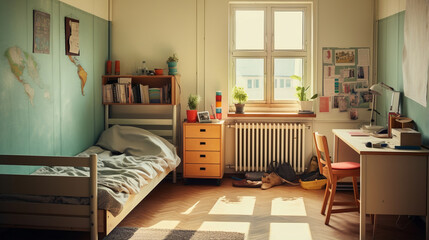 a room in a student dormitory.