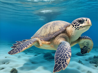Una tortuga marina nadando profundamente bajo el agua. Vista de frente y de cerca. IA Generativa  - obrazy, fototapety, plakaty