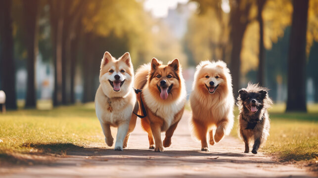 A group of young cheerful dog walkers in the park are having fun while walking dogs on a beautiful day in the park