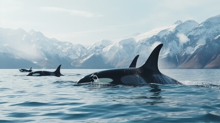 group of orcas swimming through the arctic sea - obrazy, fototapety, plakaty