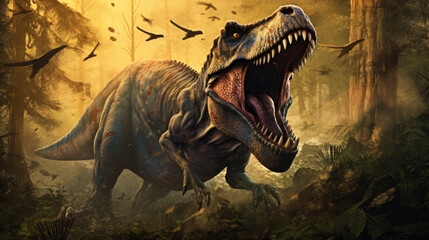 illustration of t-rex dinosaur roaring in the forest